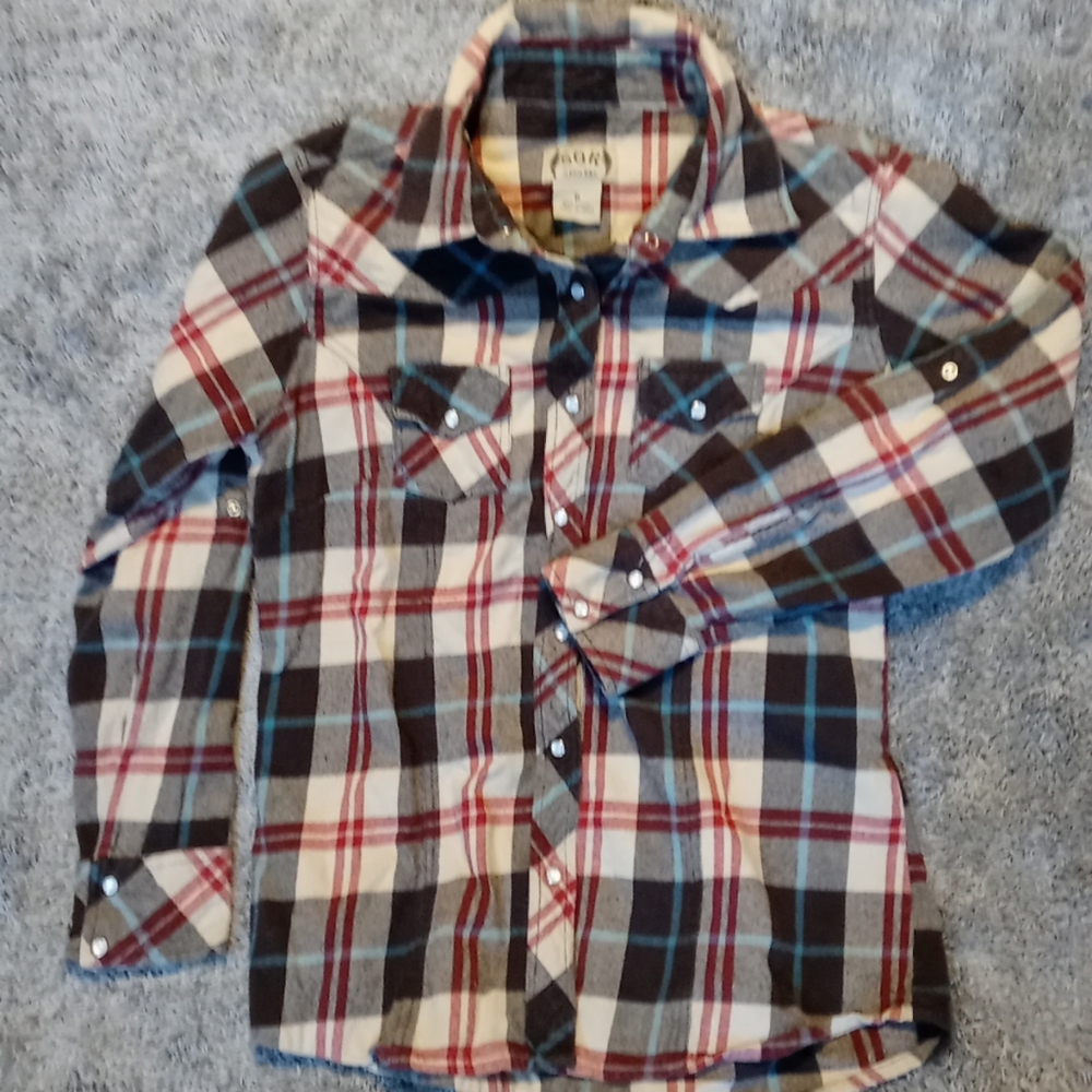 SGR Button-Up Women's M Plaid Long Sleeve Collared Fire Pearl Button Brown Fire